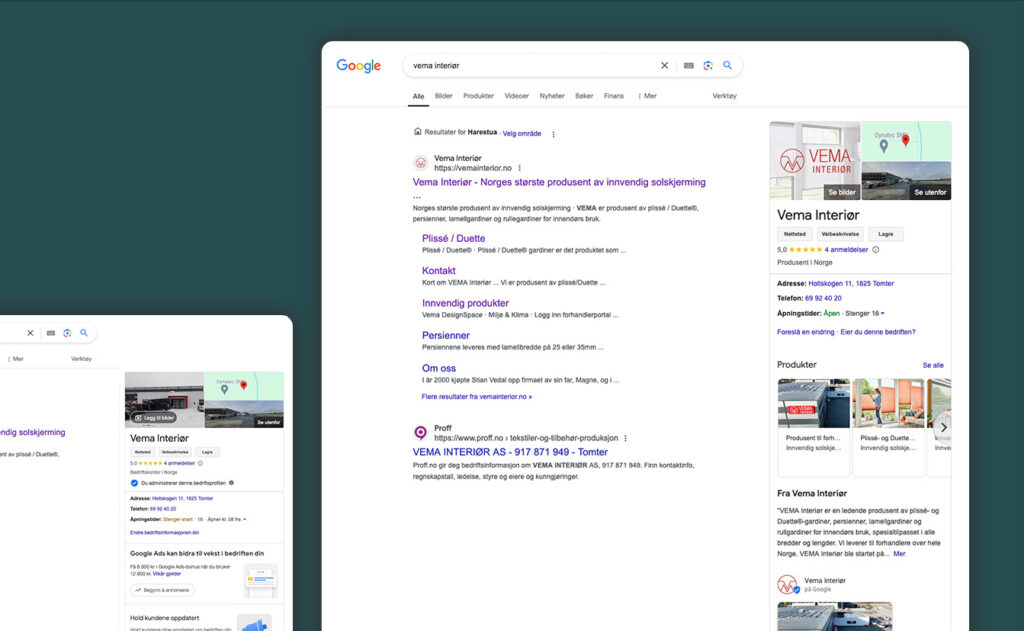 essDesign - Vema Interiør Google Business profil - før og etter